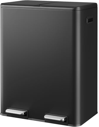 WLIVE Kitchen Bin, 2 x 30 Liter Dual Compartment Pedal Bin for Kitchen, Stainless Steel Rubbish Bin with Inner Buckets, Soft Close, Wide Step-On Pedal, Deodorizing Filter Box, Black