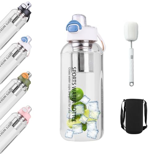 Glastrinkflasche 1,2 L,Glasflasche mit Filter & Bürste,Transparent Borosilicate GlasWasserflasche, Auslaufsichere Sportflasche,für Fitness, Wandern, Camping, Schule & Büro,spülmaschinenfest(weiß)