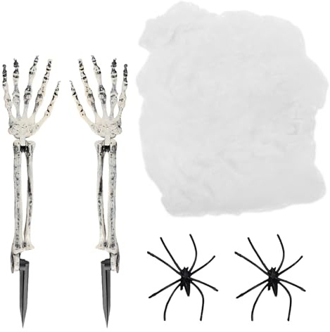 LZPLJLWS Decoración de Halloween Manos Esqueleto tamaño Real 2 Unidades + 2 arañas + telaraña sintética, 46x9cm, Uso Exterior/Interior jardín césped terrorífico