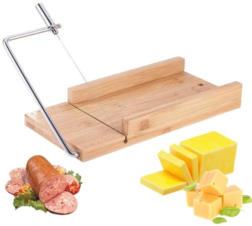 Cheese Slicer Cutter, Wooden Cheese Cutter Board with Wire & Grid Scale Lines, Multifunctional Food Butter Slicer for Block Cheeses Butter Sausages, Ham
