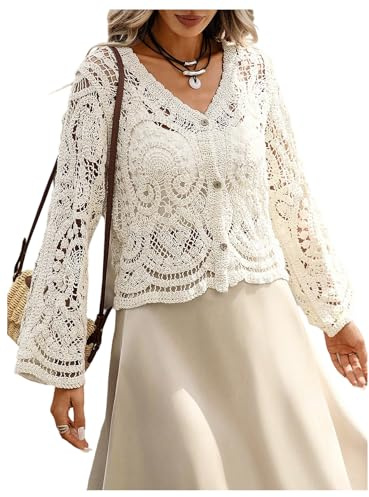 GORGLITTER Women's Crochet V Neck Button Down Cardigans Hollow Out Long Sleeve Boho Holiday Tops Apricot Large