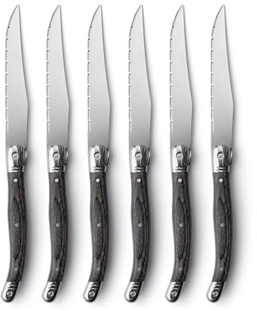 Taylors Eye Witness Premium Steak Knives Set of 6 - Stainless Steel Steak Knife with Sharp Serrated Blade and Ergonomic Grey Pakkawood Handle, Durable – Effortless Slicing for Meat & More