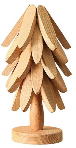 CRGANGZY Lot de 5 dessous de plat en bois naturel pour plats chauds, dessous de plat en bois naturel en forme d'arbre de Noël, de cuisine pliable pour casseroles chaudes, poêle