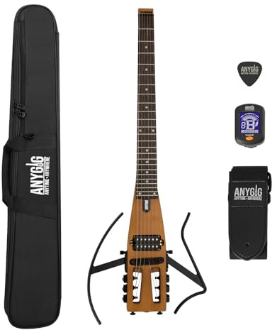 Anygig reselgitarr – ultralätt headless-design med 64 cm rosengreppbräda – kompakt solid body-träningsgitarr med avtagbara arm- och benstöd, natur
