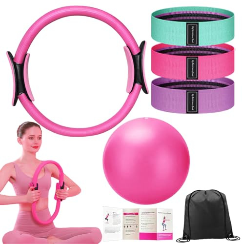 Pilates Ring Set with 14-Inch Magic Circle, Exercise Ball & 3 Resistance Bands - Complete Home Workout Equipment for Core Strength, Toning and Flexibility - Ideal Fitness Gift for Women and Men