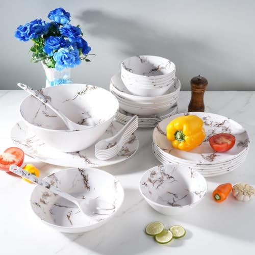 Royal Swiss - Vajilla (melamina, 34 piezas, para 4 personas, irrompible, apto para lavavajillas y ligero, ideal para el hogar, el jardín, el camping y los picnics, diseño blanco