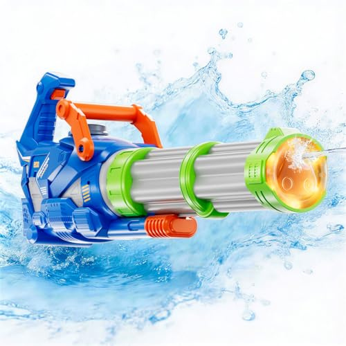 Gatling Elektrischer Wasserstrahl, Automatische Spritzpistole mit Licht- und Soundeffekten, Ein-Klick-Absaugung, Soaker Wasserwaffe für Outdoor-Sommerkämpfe für Kinder ab 3+ und Erwachsene (Blau-weiß)