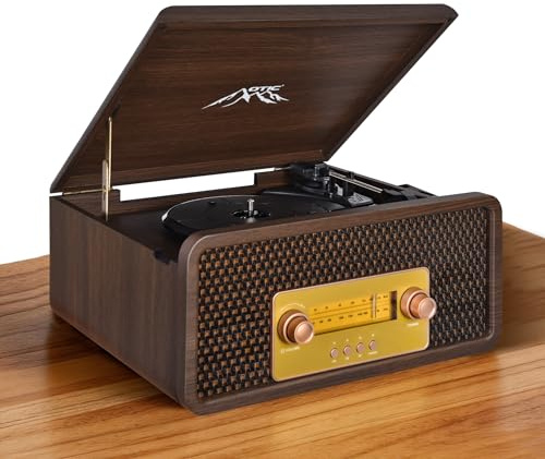 Wireless Bluetooth Vinyl Record Player Turntable with Speakers, AM/FM Radio | Vinyl Scratch Protection, 33/45/78 RPM, Servo Speed Control, Track-End Auto Stop, Vintage Design, Ideal for Gifting
