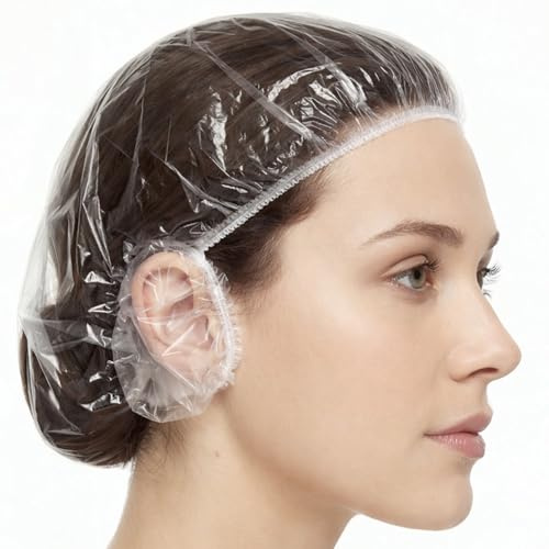Qianyu 100 Stück Einweg-Duschhauben und 100 Ohrenschützer, Wasserdichte Transparente Kunststoff Duschkappe Wiederverwendbar Elastische Haarduschhaube für Salon Spa Reise Hotel Dusche Heimgebrauch