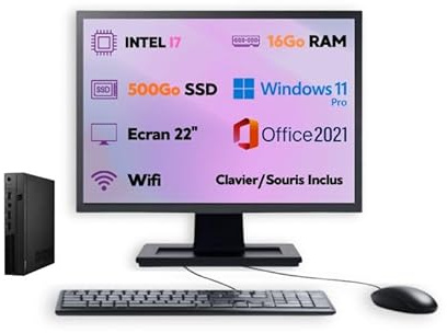 PC Ultra Mini – Intel Core i7 | Windows 11 Pro | SSD 500Go | RAM 16Go | Wi-FI | Écran 22’’ + Clavier & Souris | Ordinateur de Bureau Compact Complet Prêt à l’Emploi (reconditionné) (I7-16Go - 500Go)