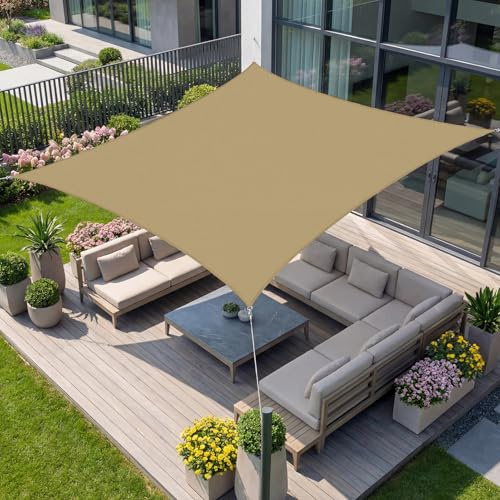 wiipara 3,6x3,6m Sonnensegel Rechteckig, Wasserdicht Sonnenschutz Segeltuch Sunsegel, 95% UV Schutz, Regenschutz, Premium Polyester Sonnensegel für Balkon Terrasse Garten (Sand)