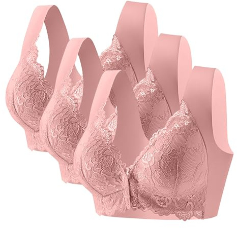 Flodxo Bras for Women Multipack 3 Pack Non Wired Front Fastening Bras Push Up No Underwire Plus Size Bra Comfy Wireless Soft Tshirts Bra for Elderly Comfort Full Coverage Bralettes
