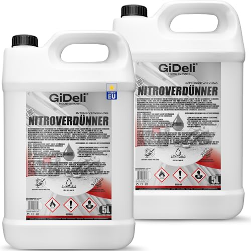 GiDeli Nitroverdünner 2 x 5L - Leistungsstarke Universeller Nitroverdünnung zum Reinigen von Pinseln und Malwerkzeugen - für Farben und Lacke - für Werkstatt- und Renovierungsarbeiten