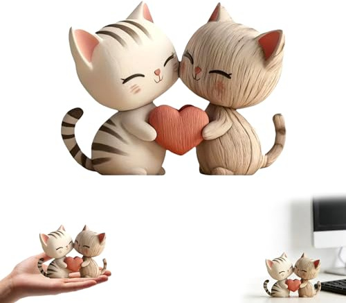 Scultura in Legno di Gatto 2D Abbraccio Decorazione da Scrivania per Casa e Ufficio, 10x7.8cm, Gatti Intagliati in Legno Regalo per Amanti dei Gatti