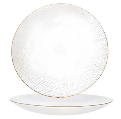8.27 Inch Gold Rim Textured Glass Dinner Plate, Vertical Striped Clear Glass Charger Plates, Elegant Round Serving Plate for Wedding Party Table Decor, Dessert Salad Steak Platter
