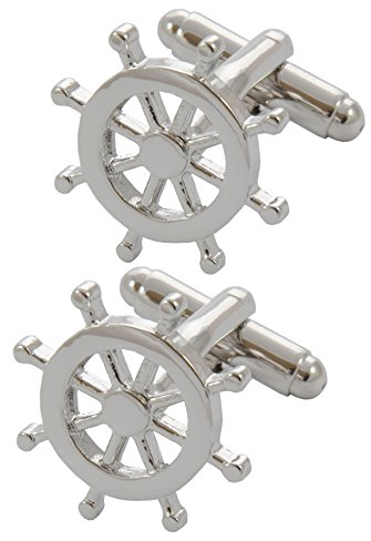 COLLAR AND CUFFS LONDON Boutons de Manchette - avec Boîte - pour Homme Nautique - Barre Bateau - Laiton - Couleur Argent - Rond Voile Marine Yacht - Une Paire