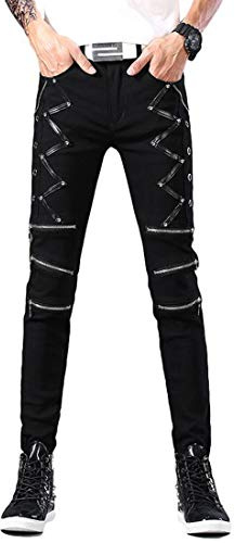 Idopy Men`s Punk Gothic Night Club Party Buckles Motorcycle Pants Biker Jeans (30, Black 1610)