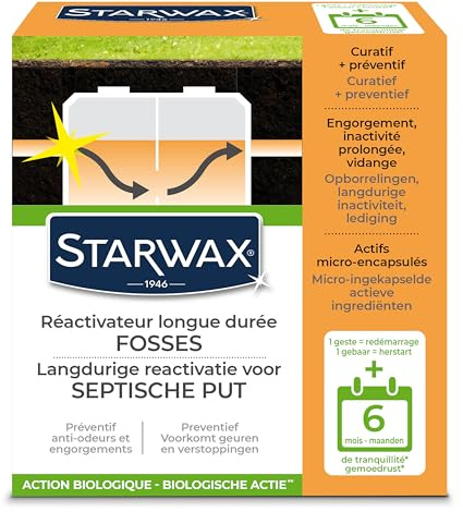 STARWAX Ré-activateur longue durée pour fosses septiques 500g | 1 geste pour réensemencer la fosse après vidange, action biologique par micro-capsules à effet retard, 6 mois de tranquillité