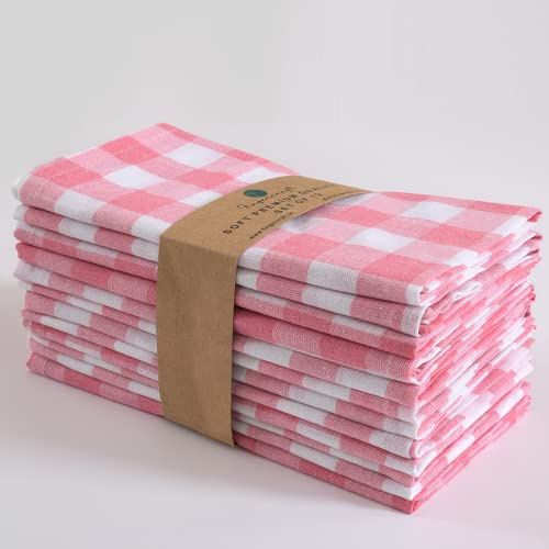 FINGERCRAFT Cloth Napkins, Pink White Checkered, 20X20 Inch, Set of 12