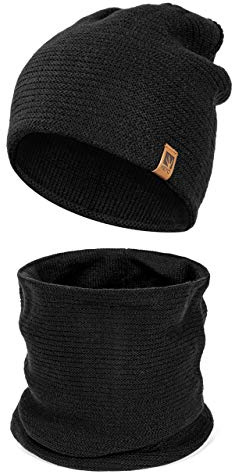 HEYO Herren Wintermütze Schlauchschal Set Winter Warme Mütze mit Schal | HZ0001 (Schwarz)