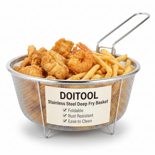 DOITOOL Stainless Steel Deep Fry Basket Round Wire Mesh French Chip Frying Serving Food Presentation Tableware with Folding Handles for Kitchen Frying Pasta Spaghetti Round