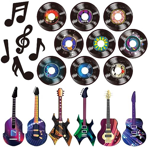 40 Pcs Music Party Decorations Musical Notes Rock and Roll Record Cutouts Silhouettes Record Guitar Party Favor Cutouts 50s 80s Theme Baby Shower School Bulletin Board Craft Decoration