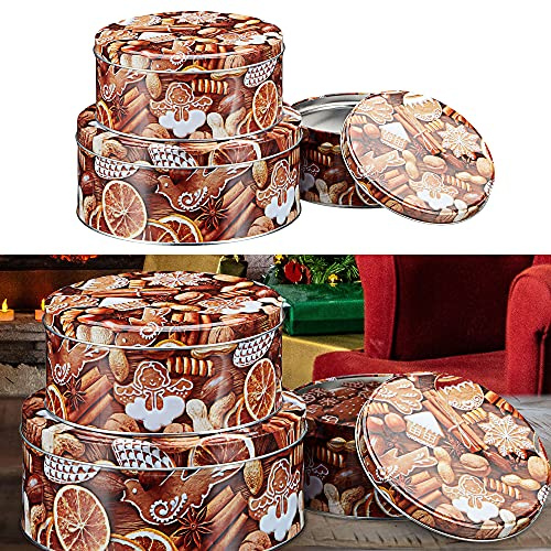 Cepewa Bakverksburk pepparkakor set om 3 jul | 3 storlekar rund metall | förvaring julbakverk kakburkar (1 x sats om 3 bakverksburkar pepparkakor)