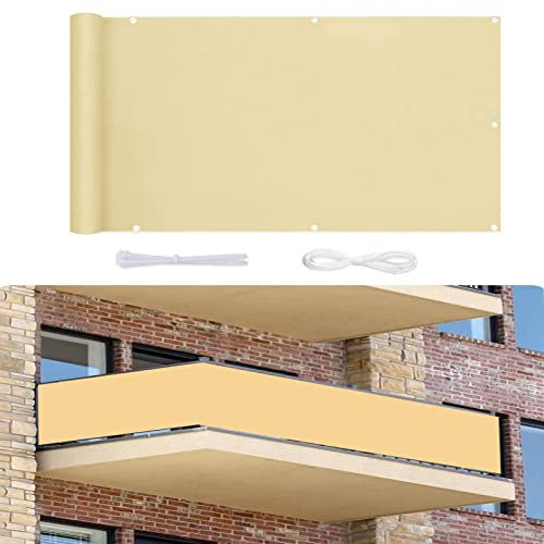 Balkon Sichtschutz Balkonabdeckung 0.7x5.5m UV-Schutz Balkonsichtschutz PES UV-Schutz Balkonverkleidung wetterfester mit Nylon Kabelbinder,Kordel für Gartenzaun oder Balkon Terrasse, Creme Farben