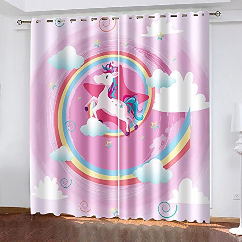 MTBDyyds Verdunkelungsvorhänge 3D Drucken 140X100Cm Cartoon Einhorn Regenbogen Verdunklungsvorhänge Kinderzimmer 2 Stück Vorhang Blickdicht Ösenschal Kindergardinen Junge Verdunklungsgardine