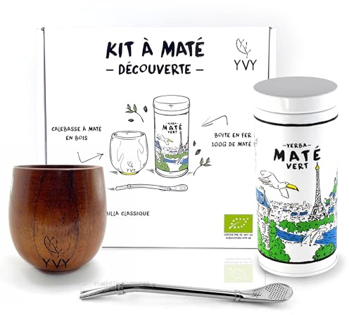 YVY MATÉ Kit Maté Complet | Calebasse en bois, Bombilla et Boîte en fer Mate Vert Bio Grand Cru 100g | Coffret pour débuter ou offrir | Cadeau original