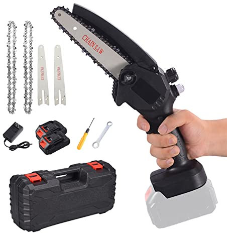 Mini tronçonneuse électrique 24 V, Petite tronçonneuse électrique sans Fil de 15,2 cm avec Verrouillage de sécurité, avec Batterie 2 pièces et chaînes 2 pièces, tronçonneuse à Piles pour la Coupe