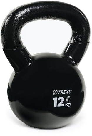 TREXO kettlebel 12 kg gjutjärn med vinylbeläggning för mångsidiga övningar hemma och på gymmet hantel, professionell svart hantel, boll, VKB12