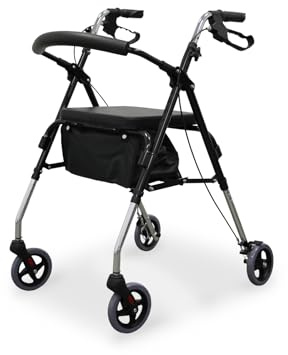WELLCORE Andador Plegable de Aluminio Ligero con Asiento, Respaldo Acolchado de Polipiel y Bolsa Portaobjetos, Andador de 4 Ruedas con Frenos de Maneta y Altura Regulable, Color Negro