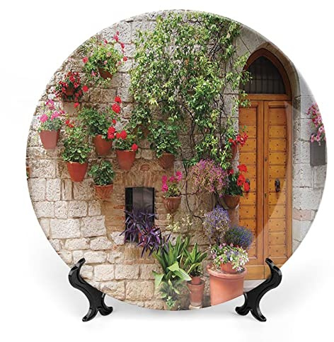 6 Inch Decorative Plate, Tuscan Dinner Plate, Begonia Blooming Wooden Shutters on Brick Wall in Italy Print Ornament Display Plate for Dining Table Setting, Wedding Reception, Christmas Tablescape