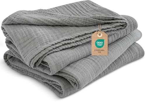 PHF 100% Baumwolle Musselin Decke 220x240cm, 4-lagige weiche hautfreundliche & atmungsaktive Tagesdecke, Ganzjahres-Komfort Grey Sofaüberwurf Couchdecke für Bett Sofa, Grau Meliert