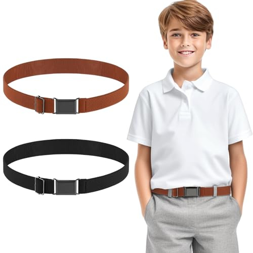 TIESOME 2PCS Adjustable Kids Elastic Belts, Stretch Waist Belts Black Metal Square Buckle Boys Belt for Pants Jeans Uniform (Black+Brown)