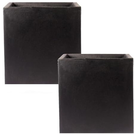 IDEALIST 2 x 40cm Square Planter for Garden | Black Reinforced Stone Flower Pot Set with Drainage Holes L40 W40 H40 cm, 65 litres