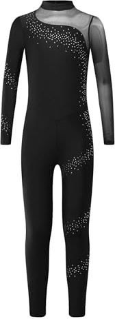 Yruioon Kinder Turnanzug Mädchen Langarm Gymnastikanzug Mesh Patchwork Ganzkörper Trikot Eiskunstlauf Body Sport Overall Jumpsuit Schwarz 146-152