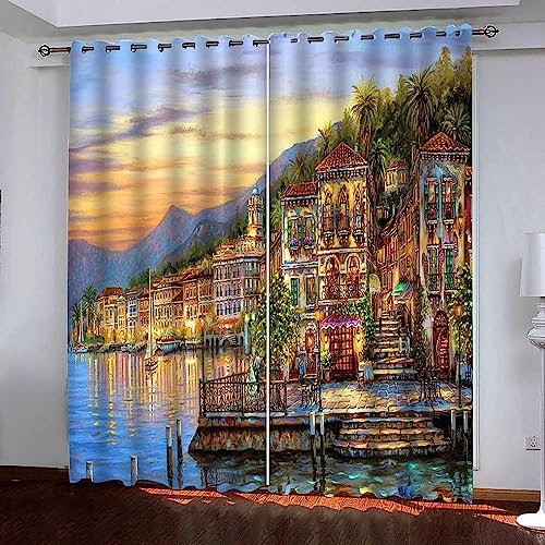 Verdunkelungsvorhänge Kräuselband Stadt Am Meer Bei Sonnenuntergang 2 X 140 X 250 Cm Set Kindergardinen Mädchen Verdunkelungsvorhänge Mit Ösen Blickdichter Kinderzimmer Schlafzimmer Vorhang -9G1Z1X2Z0