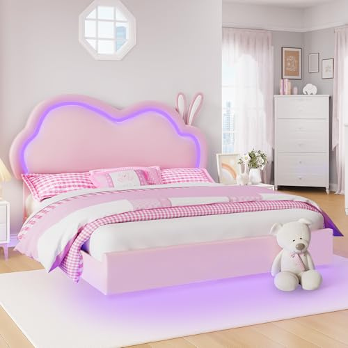 Jocisland Full Floating Bed Frame with Cloud Headboard for Girls, Pink