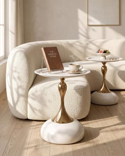 Ginhow Tavolino Piccolo da Salotto, Tavolo da Salotto Moderno di Lusso, Tavolino da Esterno Basso per Soggiorno, Camera da Letto, Balcone, Ø40cm Beige+Oro (2 Pezzi)