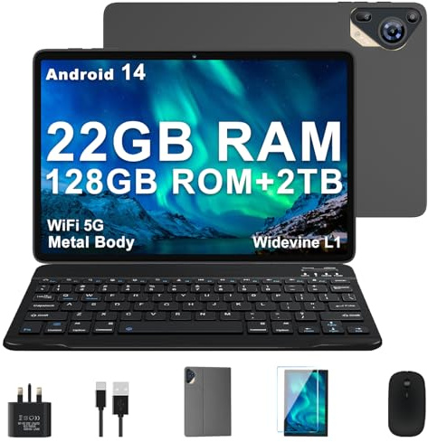SKYEGG Tablet 10 Inch Android 14, Metal Body, 22GB RAM + 128GB ROM (Expandable to 2TB), Octa-Core 2.0GHz, 8000mAh, WiFi 5G, Widevine L1 – with Keyboard, Mouse & Case – Dark Grey