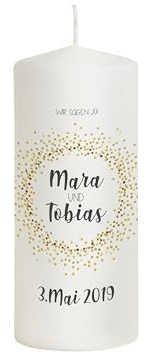 Scheinvoll® Hochzeitskerze Modern Golden Glitter mit Namen, Datum und Spruch - Modell Mara - Wunderschöne Hochzeitsdekoration (20 x 8 cm)