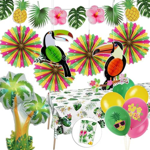 Syoulin Decoración para fiesta hawaiana, fiesta tropical y verano, cumpleaños hawaiano vaiana - Incluye palmeras hinchables, globos de fiesta tropical, mantel desechable y decoración de loros