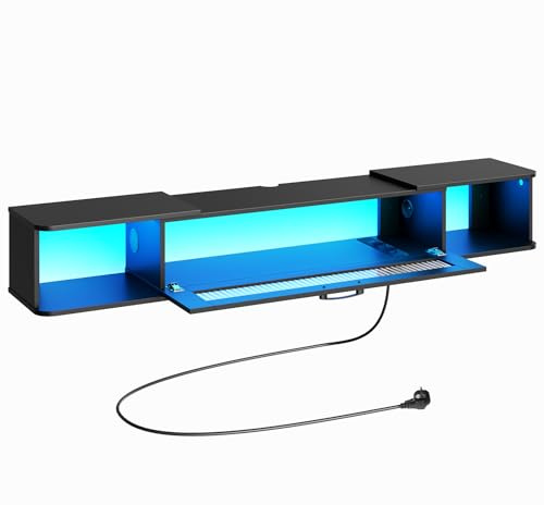 EBK34CDDS01 Meuble TV flottant 140 cm avec 3 prises et 2 ports USB Console de divertissement murale avec bande LED et station de charge pour téléviseurs jusqu'à 65 Noir