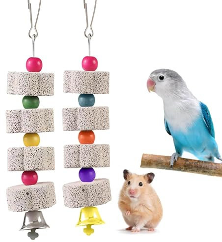 PcvGef 2 Stück Kalkstein für Wellensittiche, Nymphensittich Spielzeug, Papageienspielzeug mit Metallglocke, Wellensittich Spielzeug, Wellensittich Zubehör, Kalkstein für Vögel, Haustier-Spielzeug