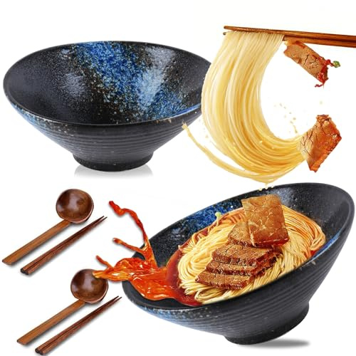 Ramen Schüssel Keramik Set 2×1000ml, 33oz Japanisches Porzellan Geschirr mit, Ramen Bowl mit Essstäbchen Löffel, Suppenschalen Rührschüsseln, Salatschale für Nudeln Getreide (Blau)