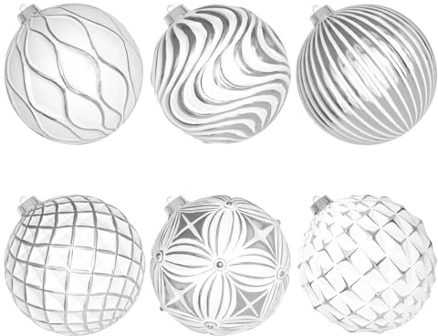 Lanpn Stora julbollar julgranskulor set med 6, utomhus julgran, hängande prydnader, 15 cm okrossbar julglödlampsdekoration, bulk för hem, vintersemester, blandade reliefmönster, vit och silver