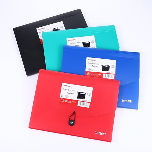 4 Pack 7-Pocket Plastic Accordion File Organizer, Expanding File Folder Expandable Document Holder with Index Tabs, A4|Letter Size for Office School Home Travel Supplies, 4 Colors