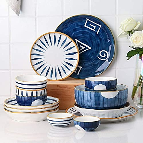 GIQKDZNUO Service de Table en Porcelaine, 28 pièces, Style Japonais | Assiette/Bol – Service de Table combiné pour Restaurant, Bleu